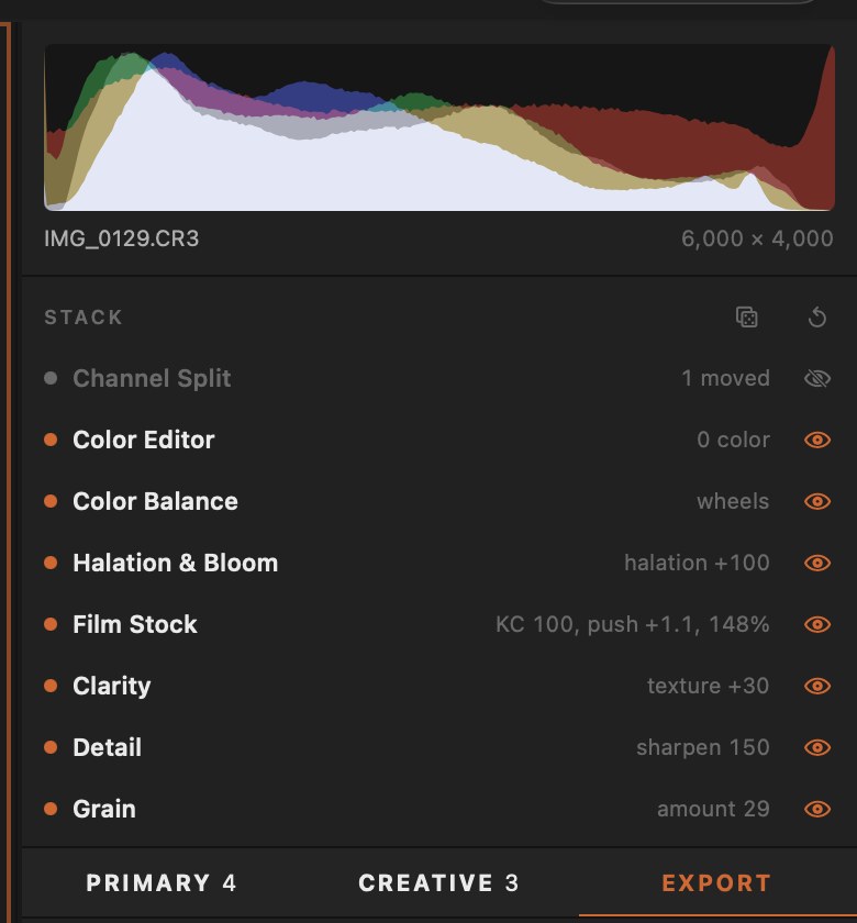 The Eras stack: Channel Split, Color Editor, Color Balance, Halation and Bloom, Film Stock, Clarity, Detail, Grain, each with an on and off eye